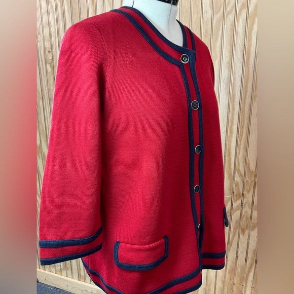 Talbots Red Knit Jacket with Navy Trim - Picture 3 of 6